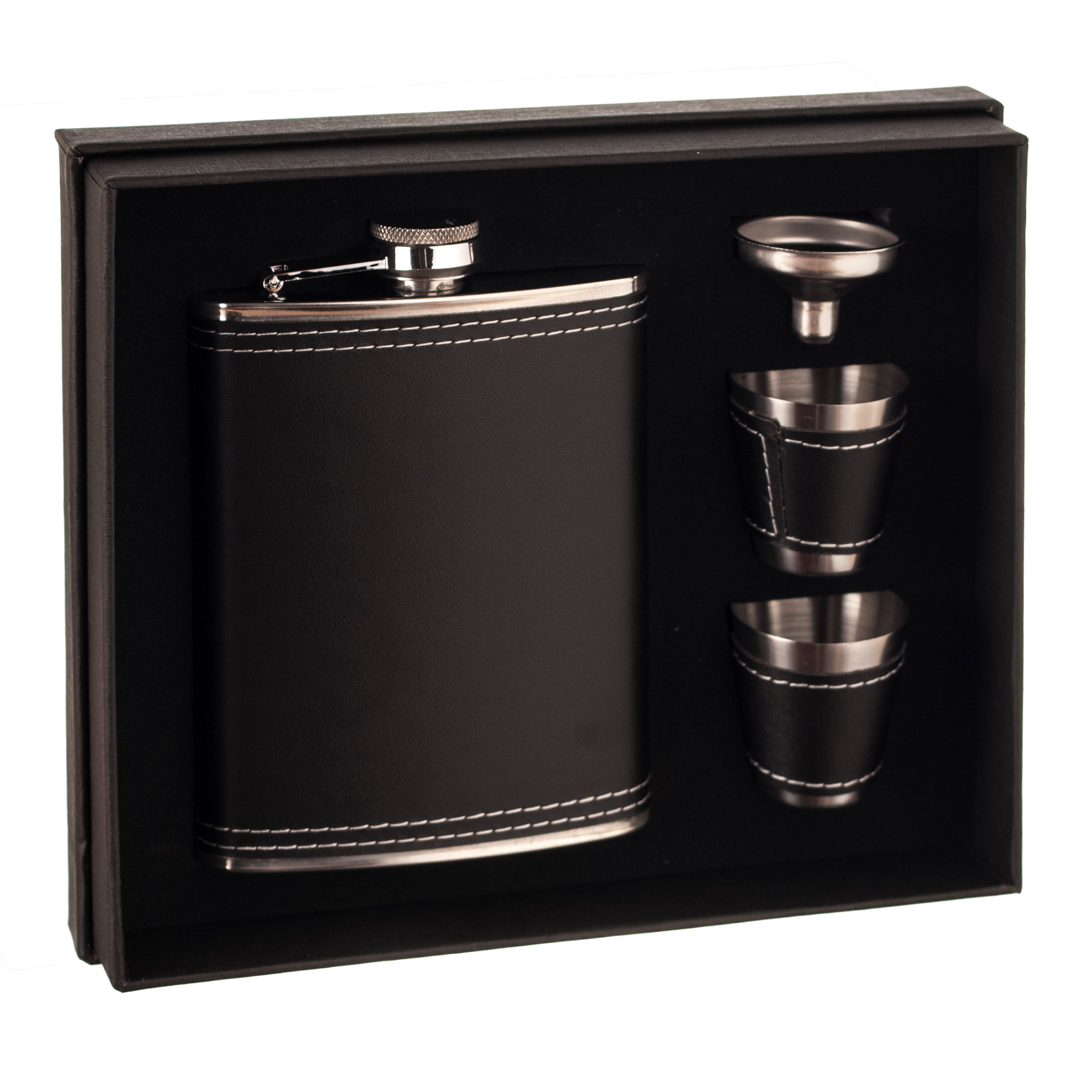 Black Vinyl 8oz Flask & Shot Glasses Gift Set
