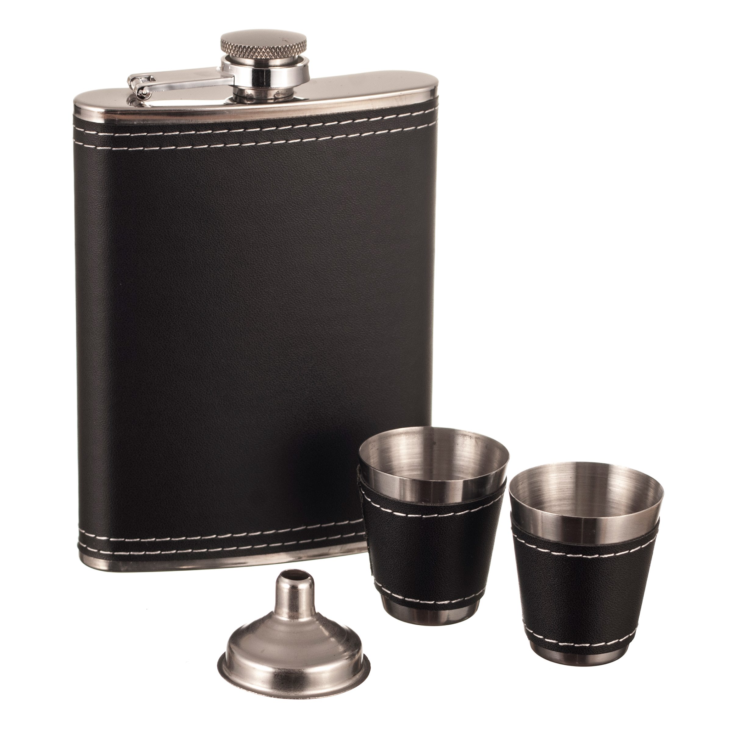 Black Vinyl 8oz Flask & Shot Glasses Gift Set