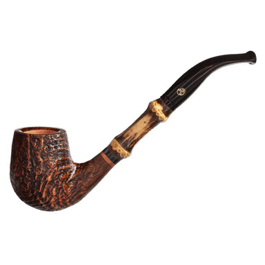 A Rattray Bamboo bent billiard pipe with a large Bamboo stem application featuring a burnt look, and a brown sandblasted briar finish and black acrylic fishtail stem.
