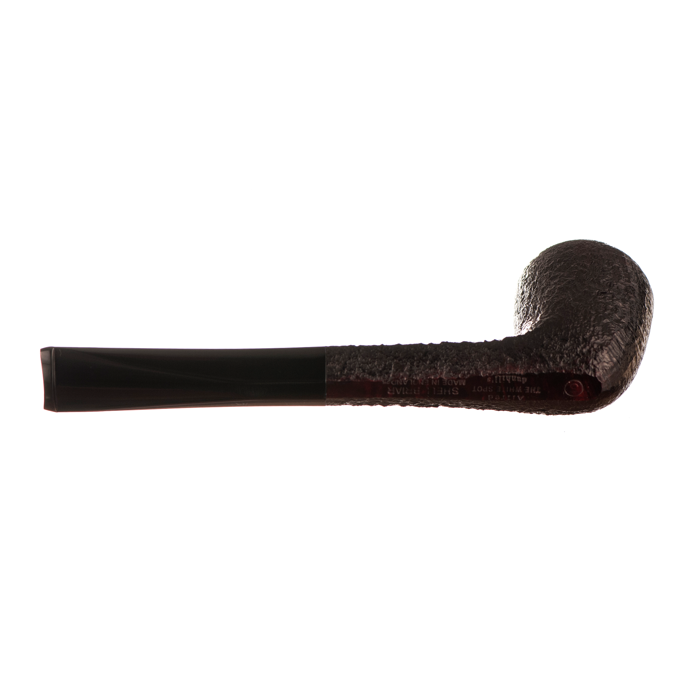 Bottom of Dark brown Dunhill tobacco pipe on a white background